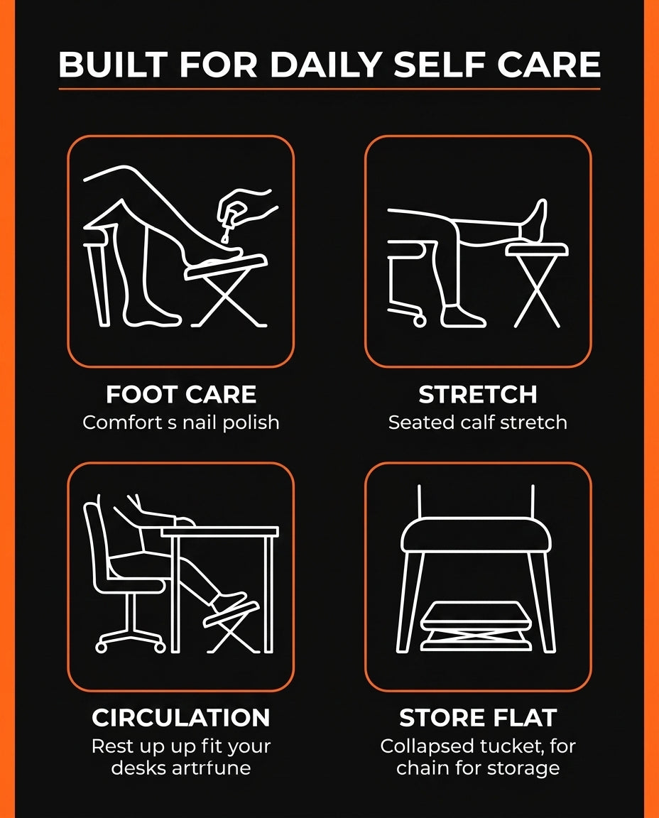 Use-cases infographic with icons for foot care, stretching, comfort and storage