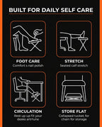 Use-cases infographic with icons for foot care, stretching, comfort and storage