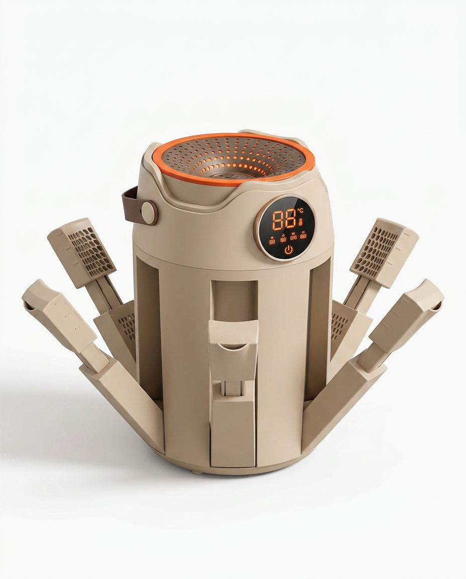 Beige electric shoe dryer with arms fanned out on white background