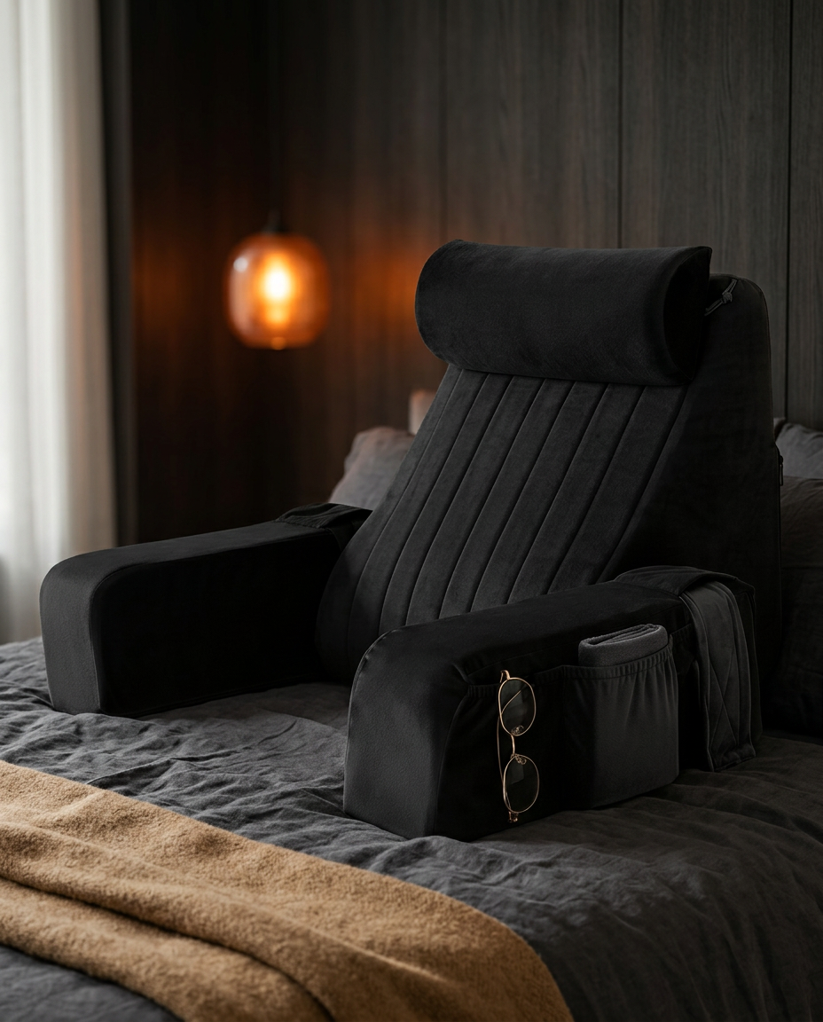 Black velvet ergonomic bed rest pillow on a bed in a dim bedroom