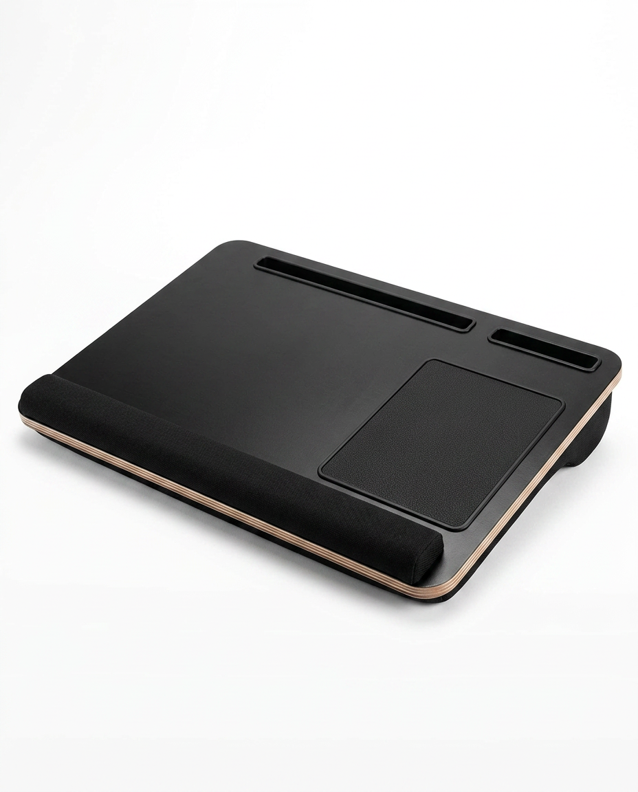All-black lap desk with mouse pad and bolster cushion on white background
