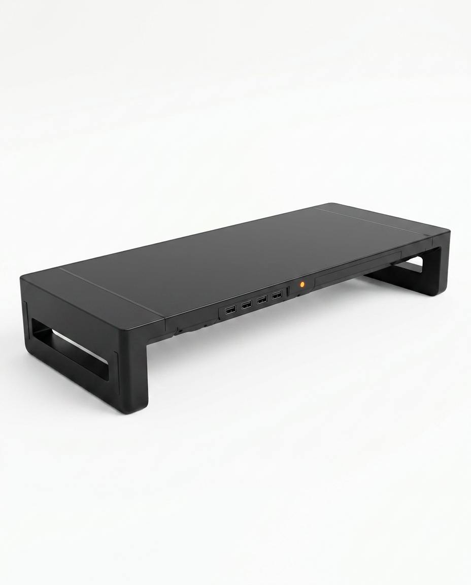 Black monitor riser with built-in USB ports on the front edge