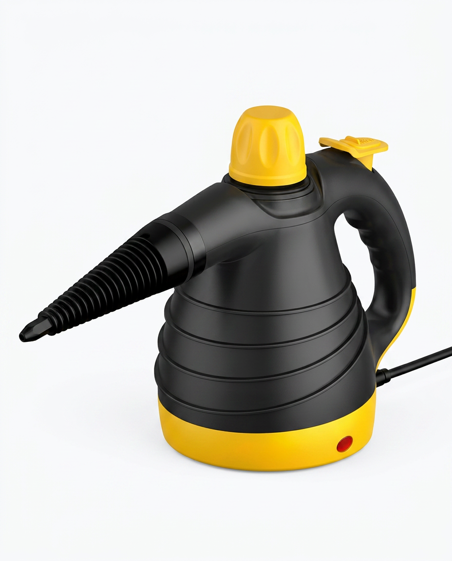 Black and yellow handheld steam cleaner, three-quarter view on white