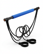 Blue foam-grip Pilates bar with resistance bands and foot loops