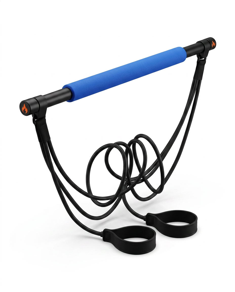 Blue foam-grip Pilates bar with resistance bands and foot loops