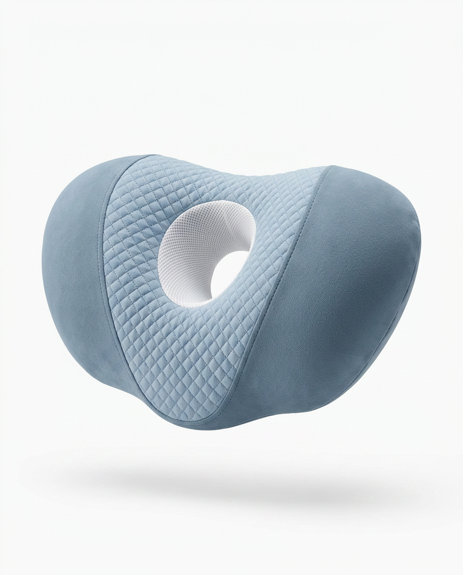 Blue memory foam ear relief side sleeper pillow, studio shot on white