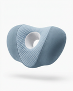 Blue memory foam ear relief side sleeper pillow, studio shot on white