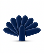 Navy blue gel finger sleeves fanned out on white background