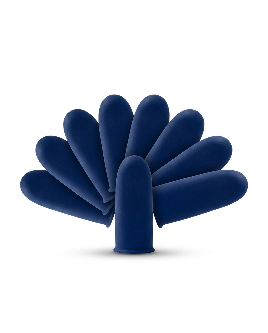 Navy blue gel finger sleeves fanned out on white background
