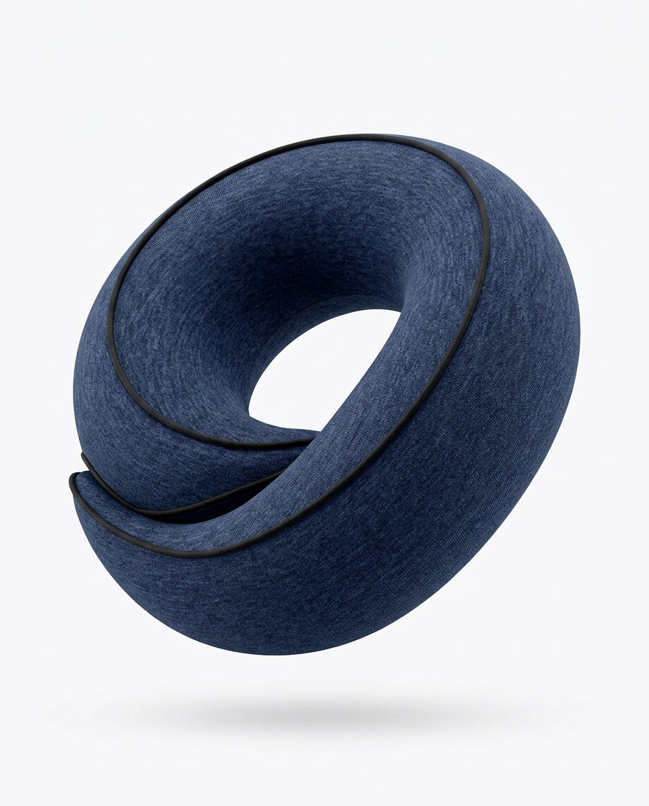 Navy blue U-shaped memory foam travel neck pillow, studio shot on white