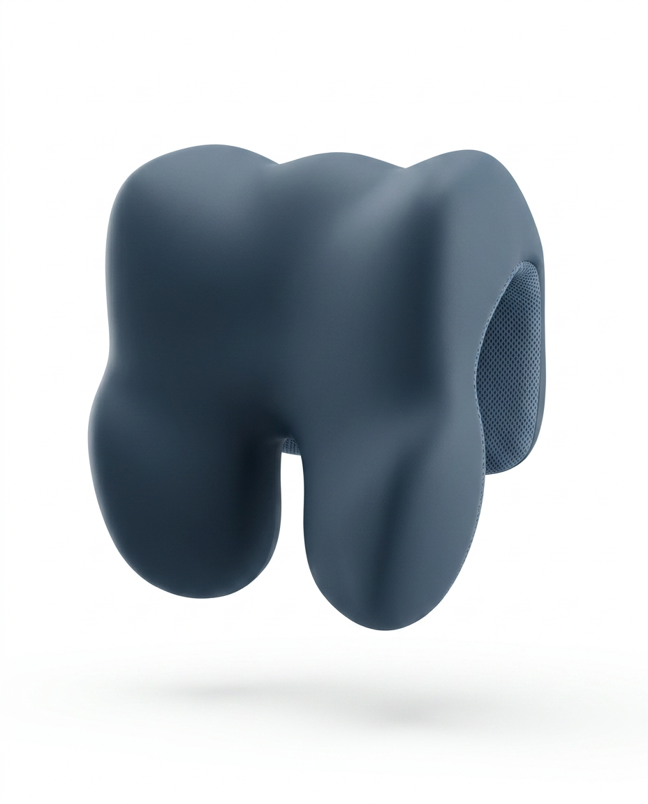 Slate blue ergonomic neck reset support cushion, studio shot on white