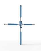 Cross-shaped yoga posture stick with blue foam grips and chrome shafts on white