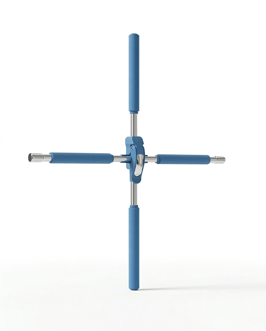 Cross-shaped yoga posture stick with blue foam grips and chrome shafts on white
