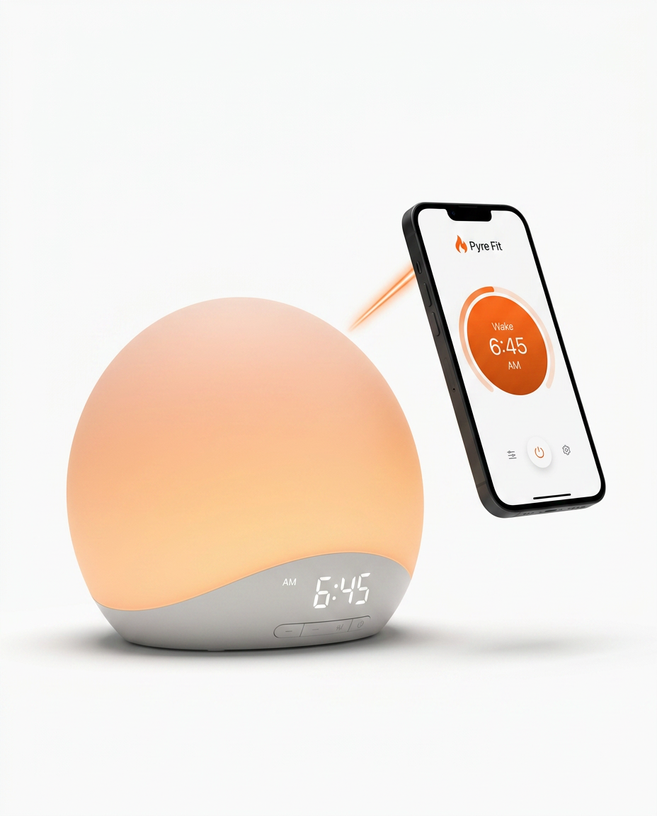 Bluetooth variant of the wake-up light beside a phone running its app