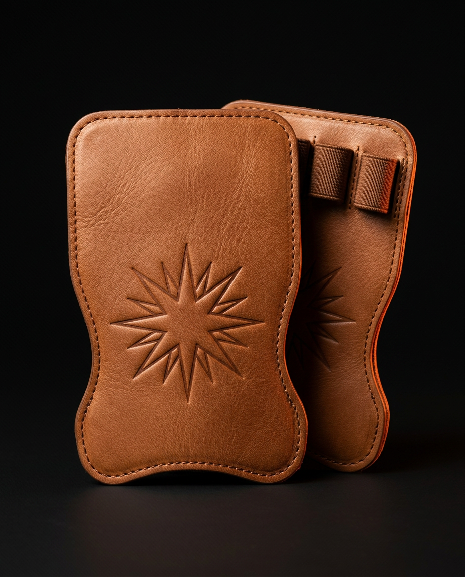 Pair of tan brown leather grip pads with embossed starburst pattern