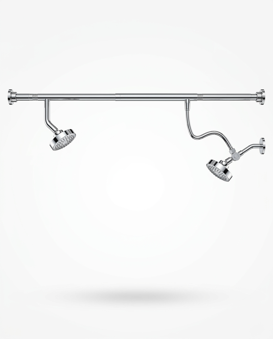 Polished chrome dual shower head system on extension bar, studio on white