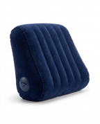 Dark blue inflatable wedge pillow on white, rounded back-angle view
