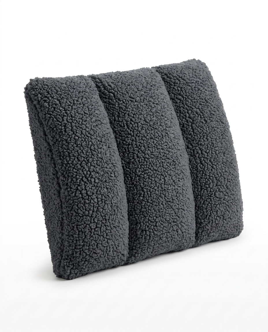 Dark gray sherpa lumbar support pillow with three bolster panels on white