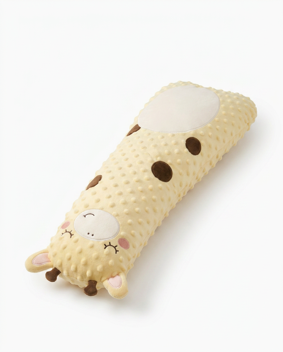 Yellow plush giraffe-shaped baby comfort pillow, studio shot on white