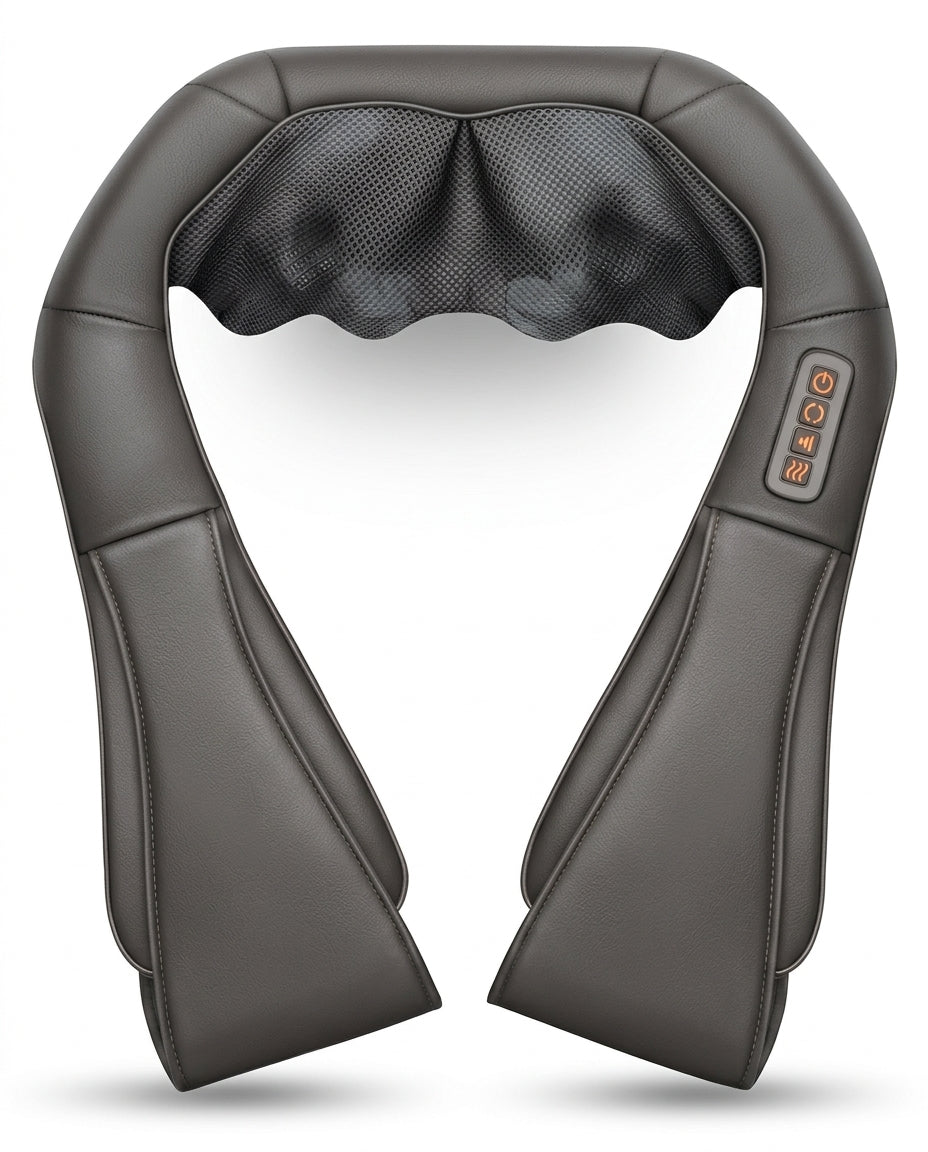 Gray neck and shoulder massager variant, flat lay on white