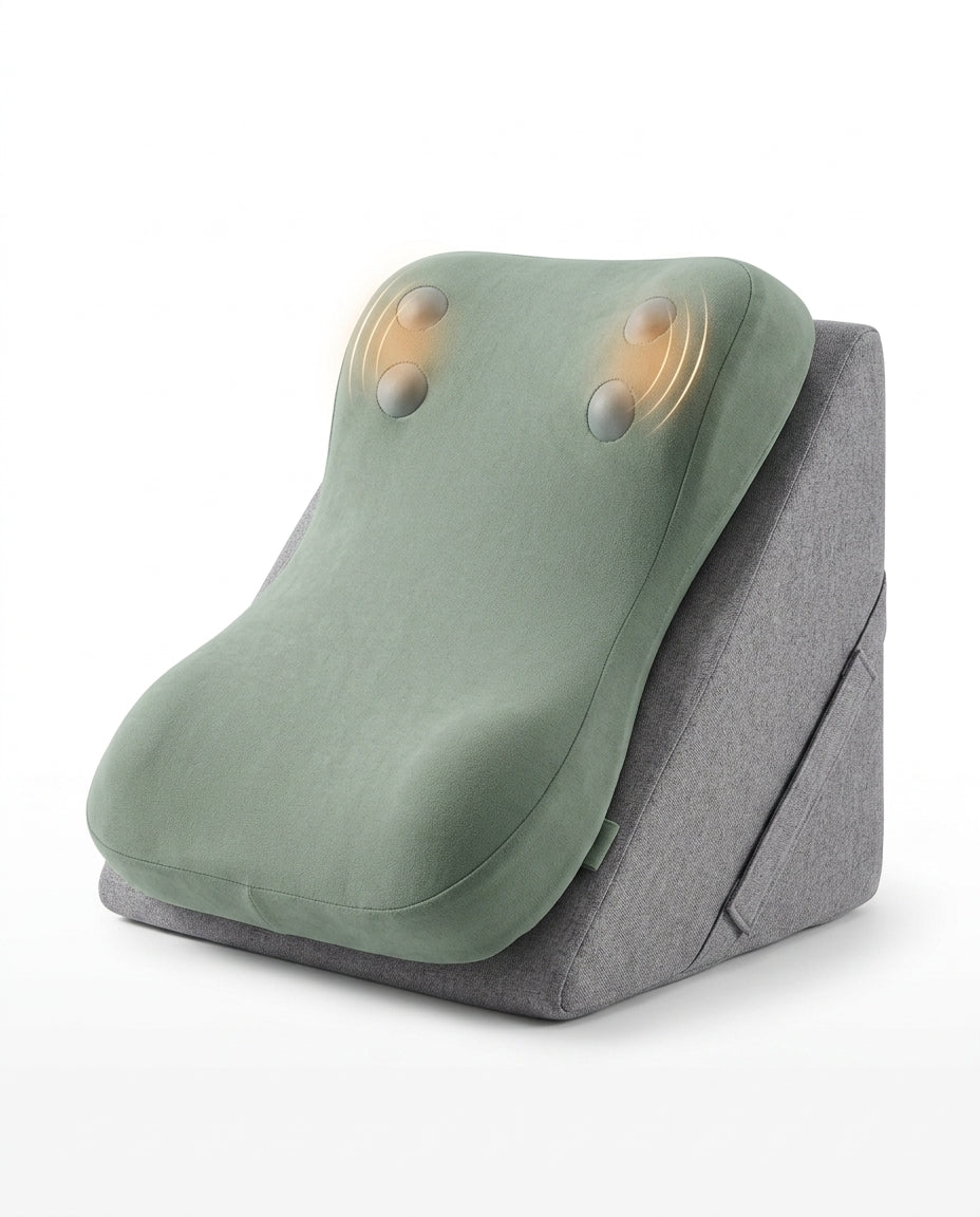 Gray wedge lounger with sage green topper and glowing built-in massage nodes on white