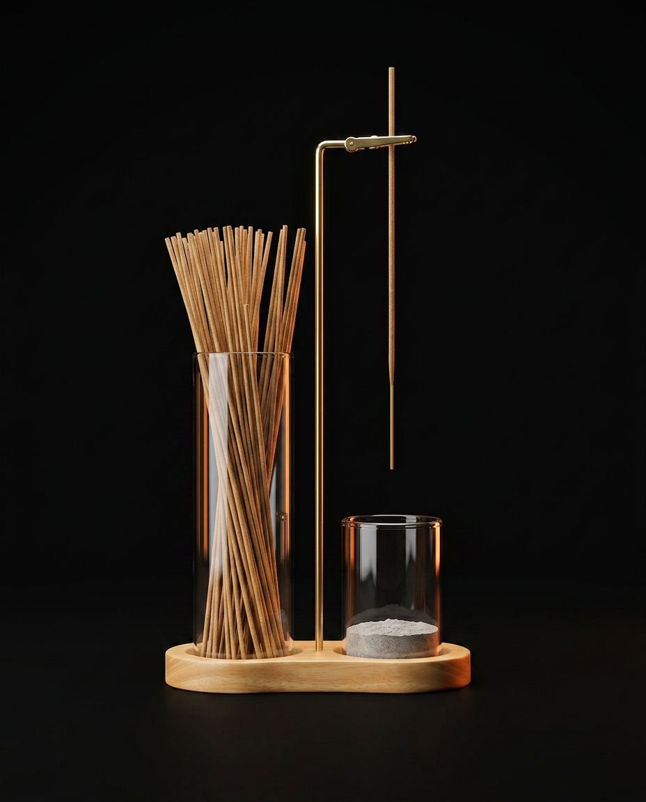 Incense holder set with light oak wood base, studio shot on black background