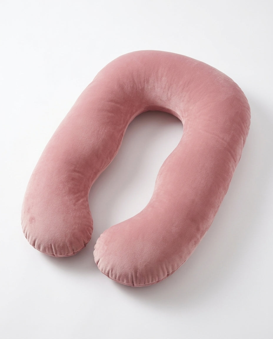 Pink U-shaped full body support pillow on white background