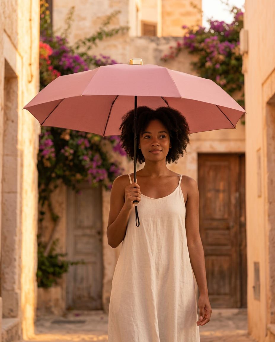Woman in white dress holding an open pink UV umbrella on a sunlit street