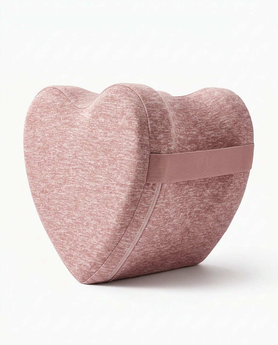 Pink memory foam leg pillow variant with positioning strap on white