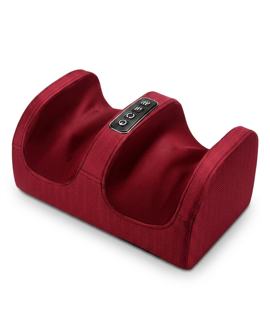 Red fabric foot massager variant, angled studio shot on white
