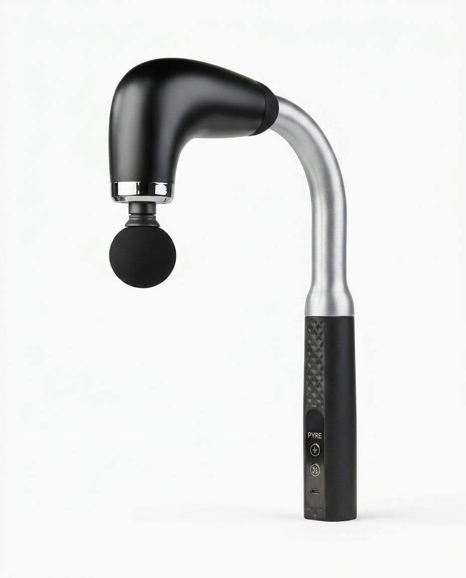 Massage gun with brushed silver extension arm and black head on white