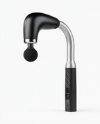 Massage gun with brushed silver extension arm and black head on white