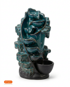 Style 2 leaf-tiered teal ceramic backflow incense burner packshot on white