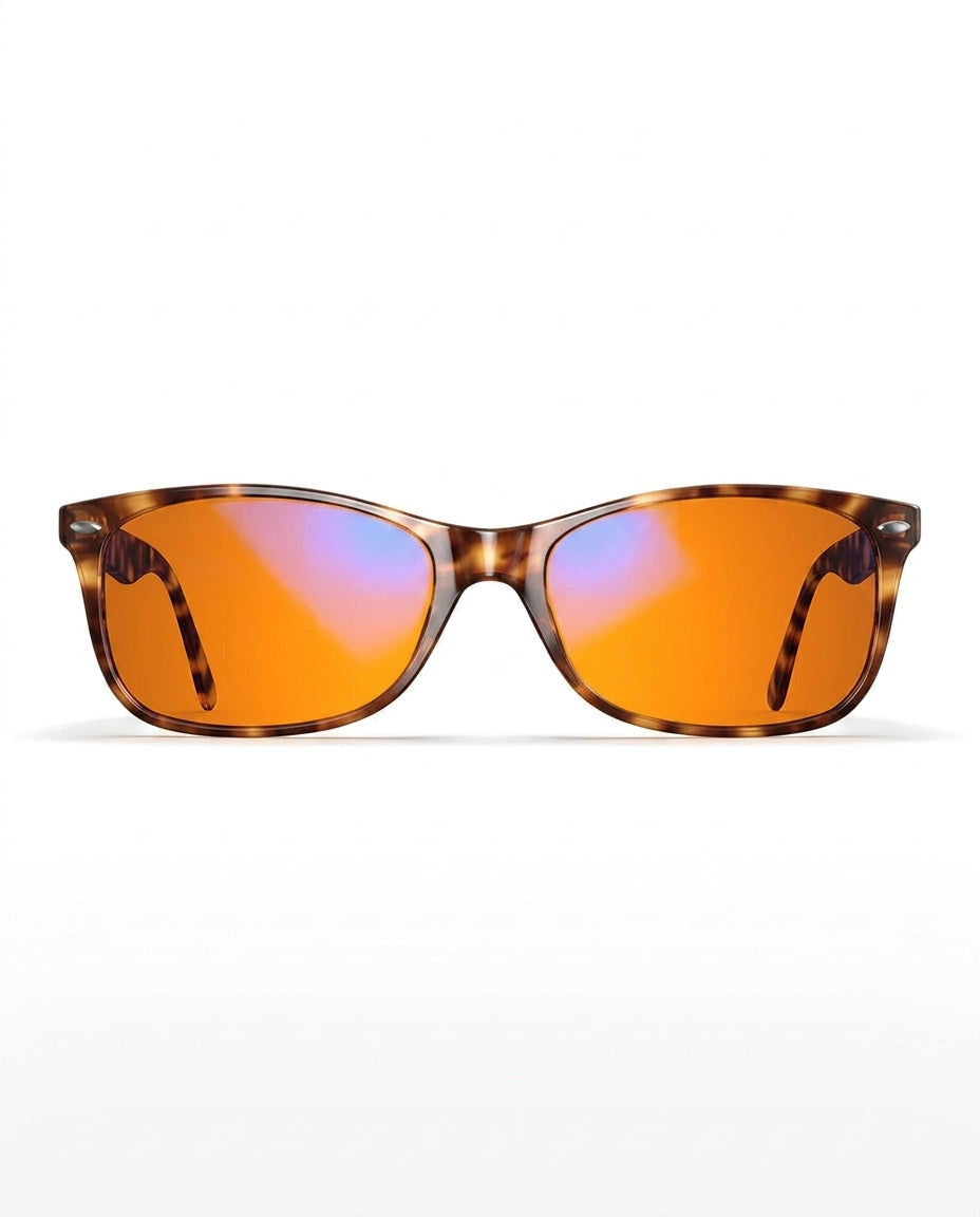 Tortoiseshell blue light glasses with orange lenses, front view on white