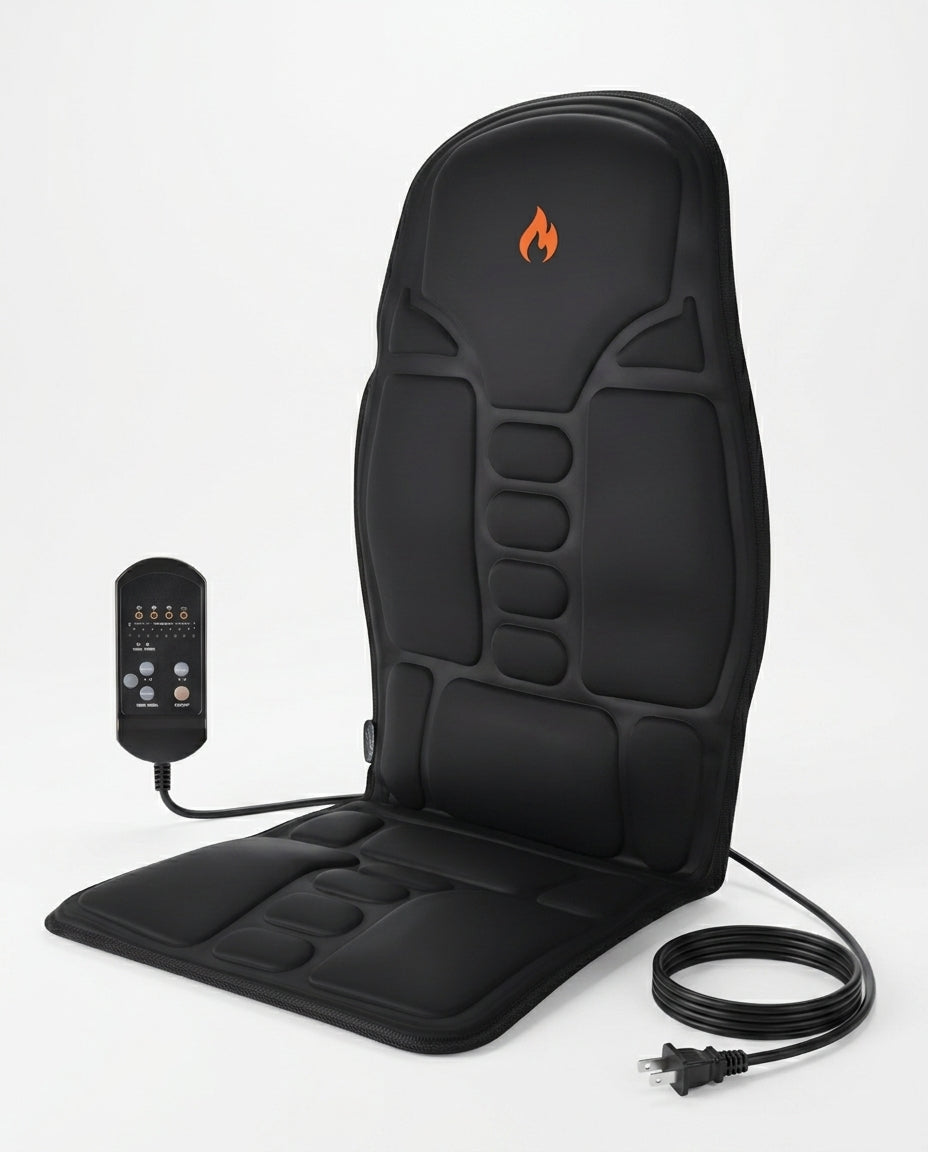 Massage cushion with US plug and remote, full studio shot on white