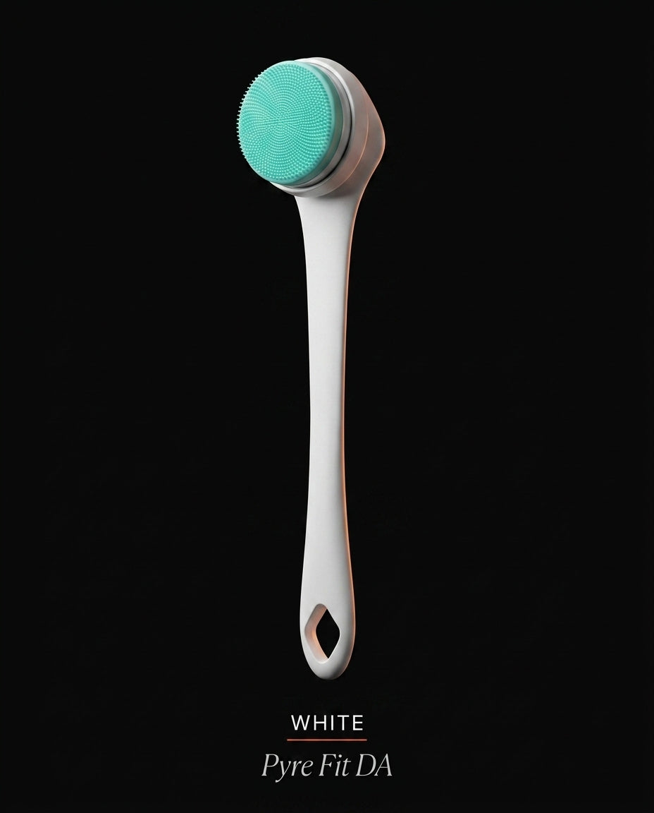 White long-handle body cleansing brush variant with green silicone head on black