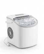 White countertop ice maker filled with ice, studio shot on white