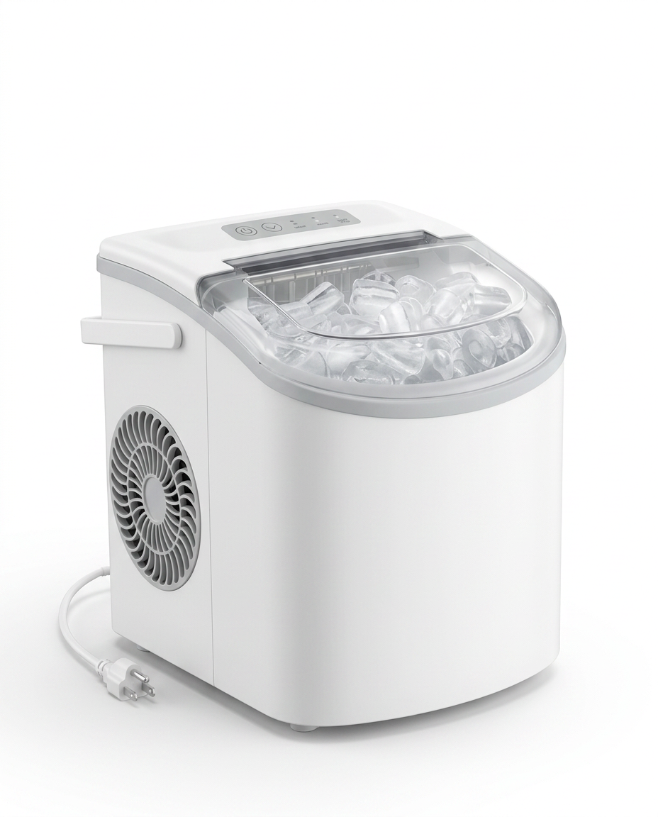 White countertop ice maker filled with ice, studio shot on white