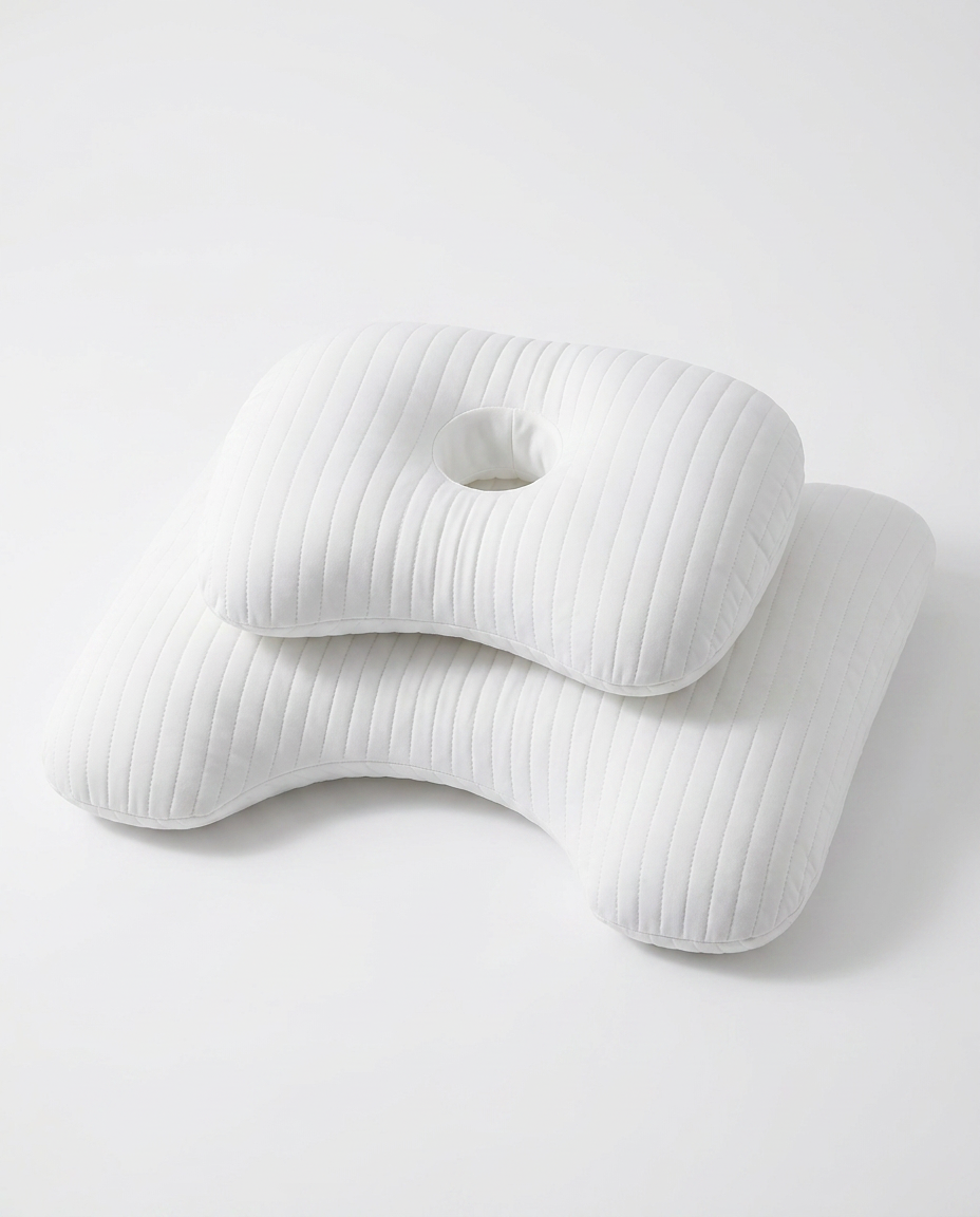 White ergonomic side-sleeper pillow with ear cutout and ribbed texture, studio shot