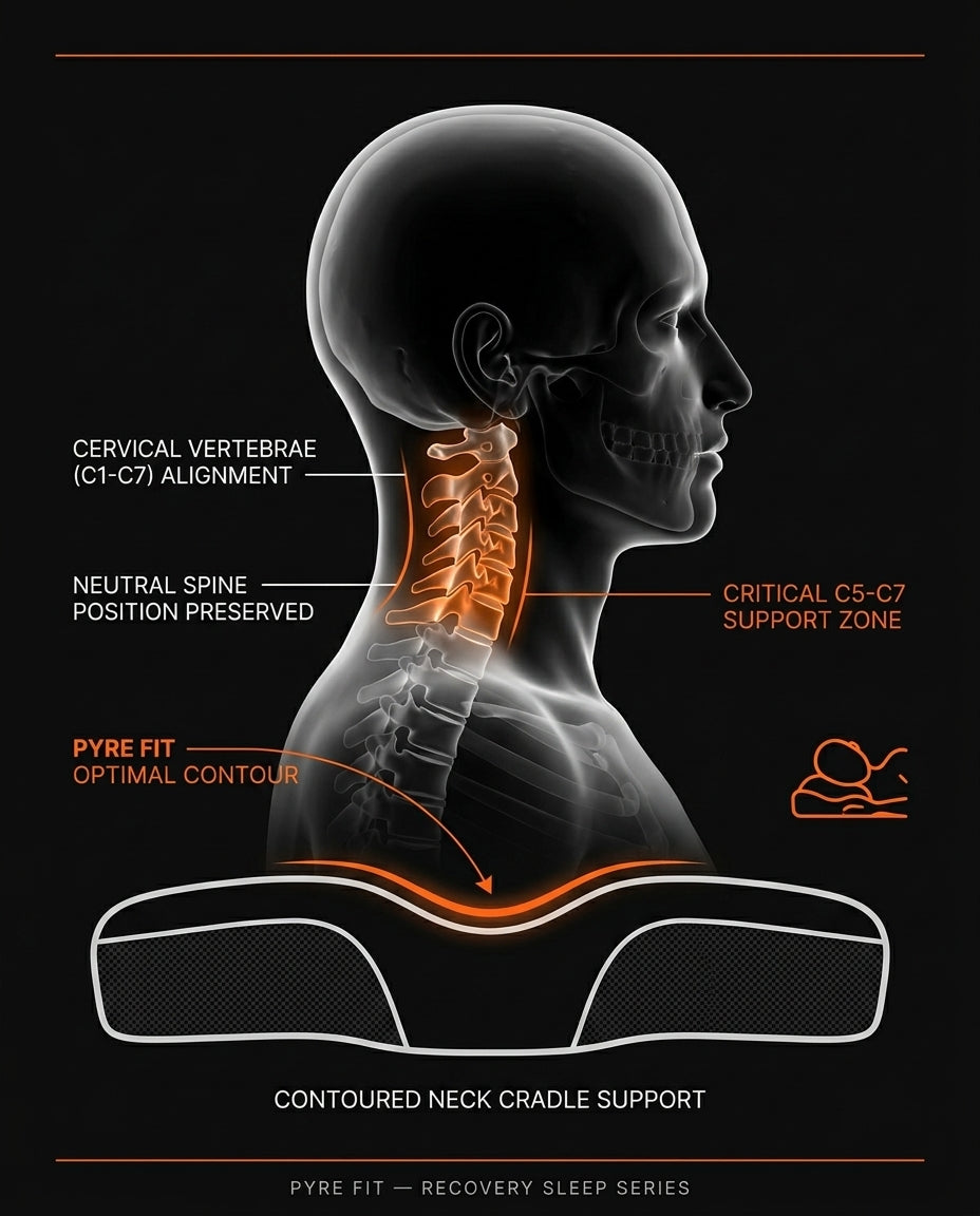 Diagram showing the cervical pillow keeping the neck spine in neutral alignment