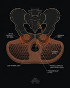 Pelvic anatomy diagram showing how the saddle cutout relieves sit-bone pressure