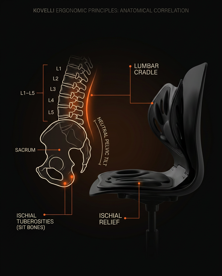 Anatomy diagram showing the seat aligning the spine and relieving the sit bones