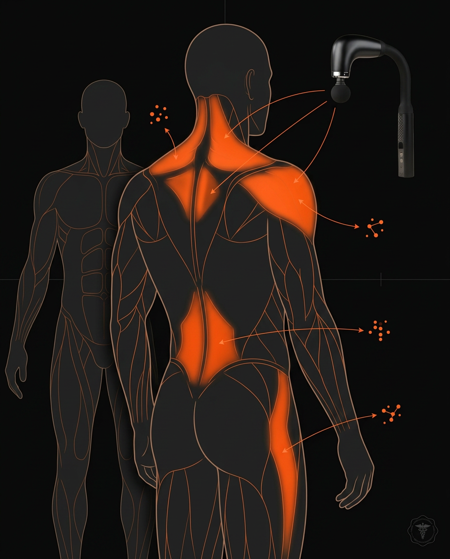 Body map showing back muscles the long-arm massage gun can reach