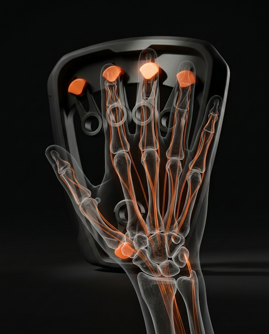 X-ray style hand anatomy showing tendons engaged by the finger trainer