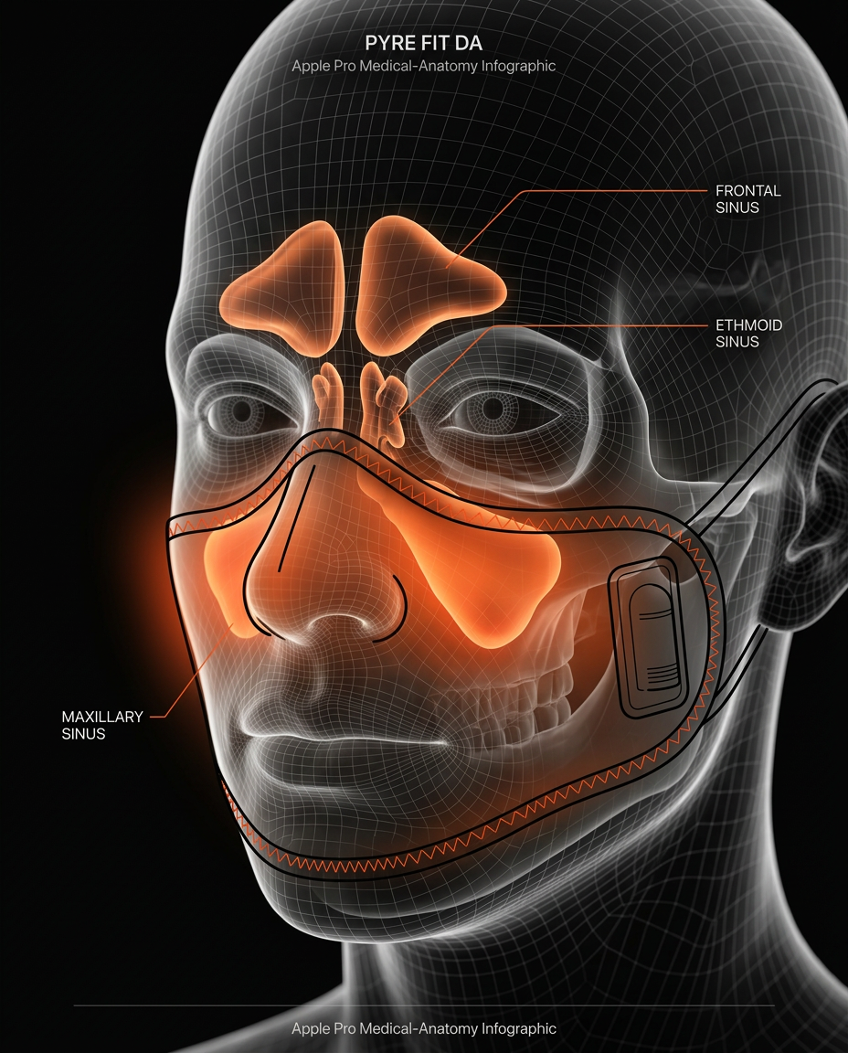 Diagram showing the heated mask warming the frontal, ethmoid and maxillary sinuses