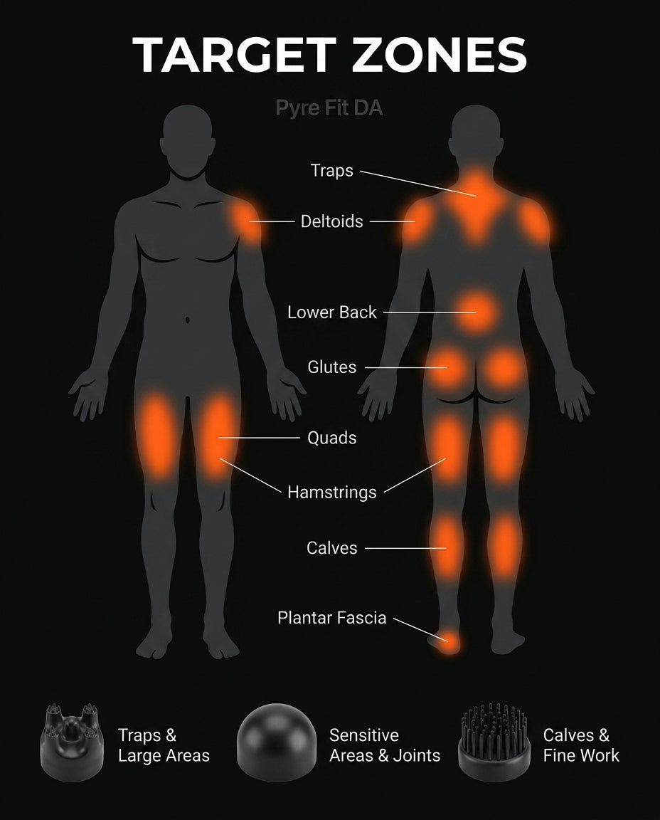 Body diagram highlighting the massager's target zones from traps to plantar fascia