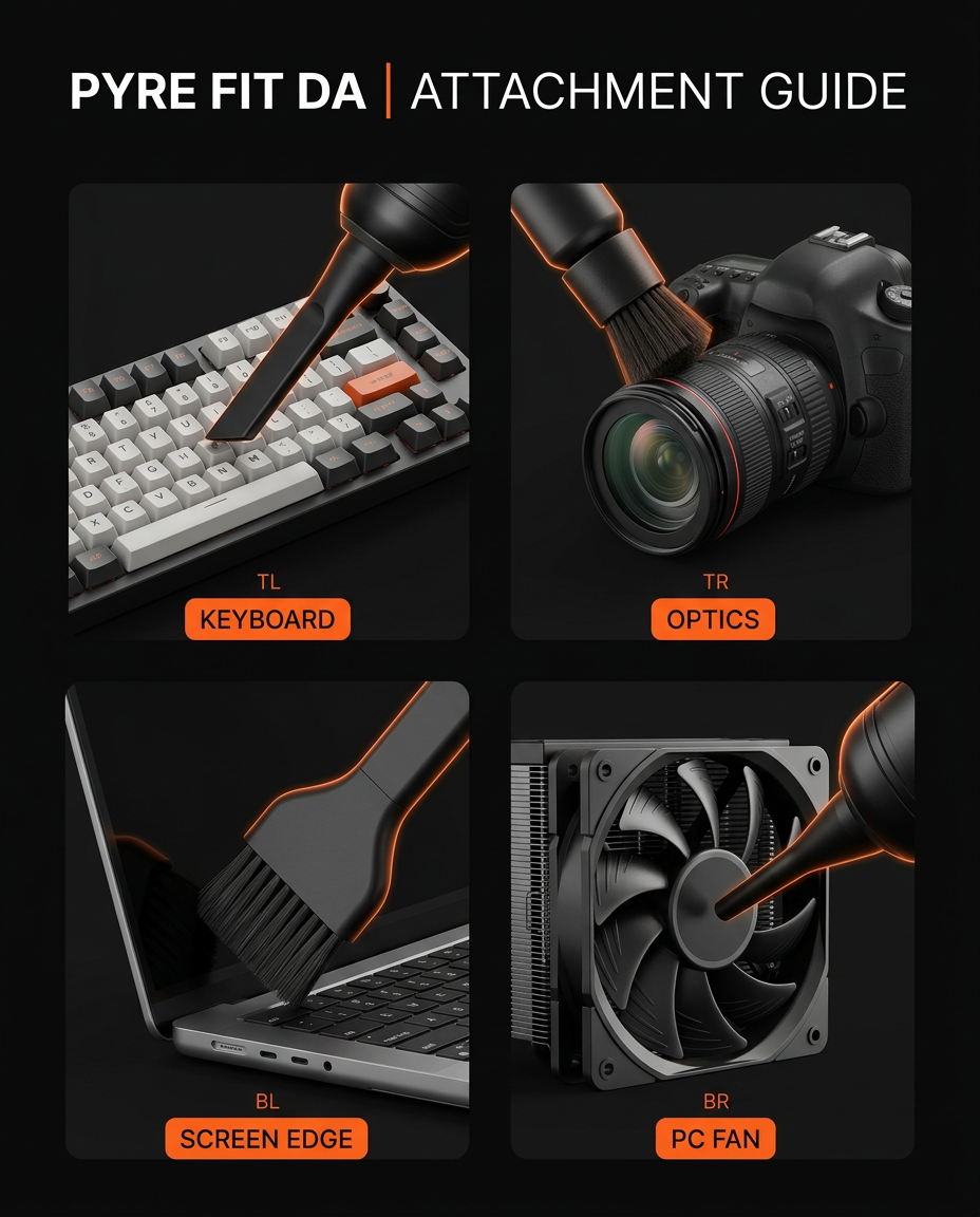 Attachment guide showing the tool cleaning a keyboard, lens, screen and PC fan