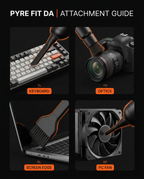 Attachment guide showing the tool cleaning a keyboard, lens, screen and PC fan