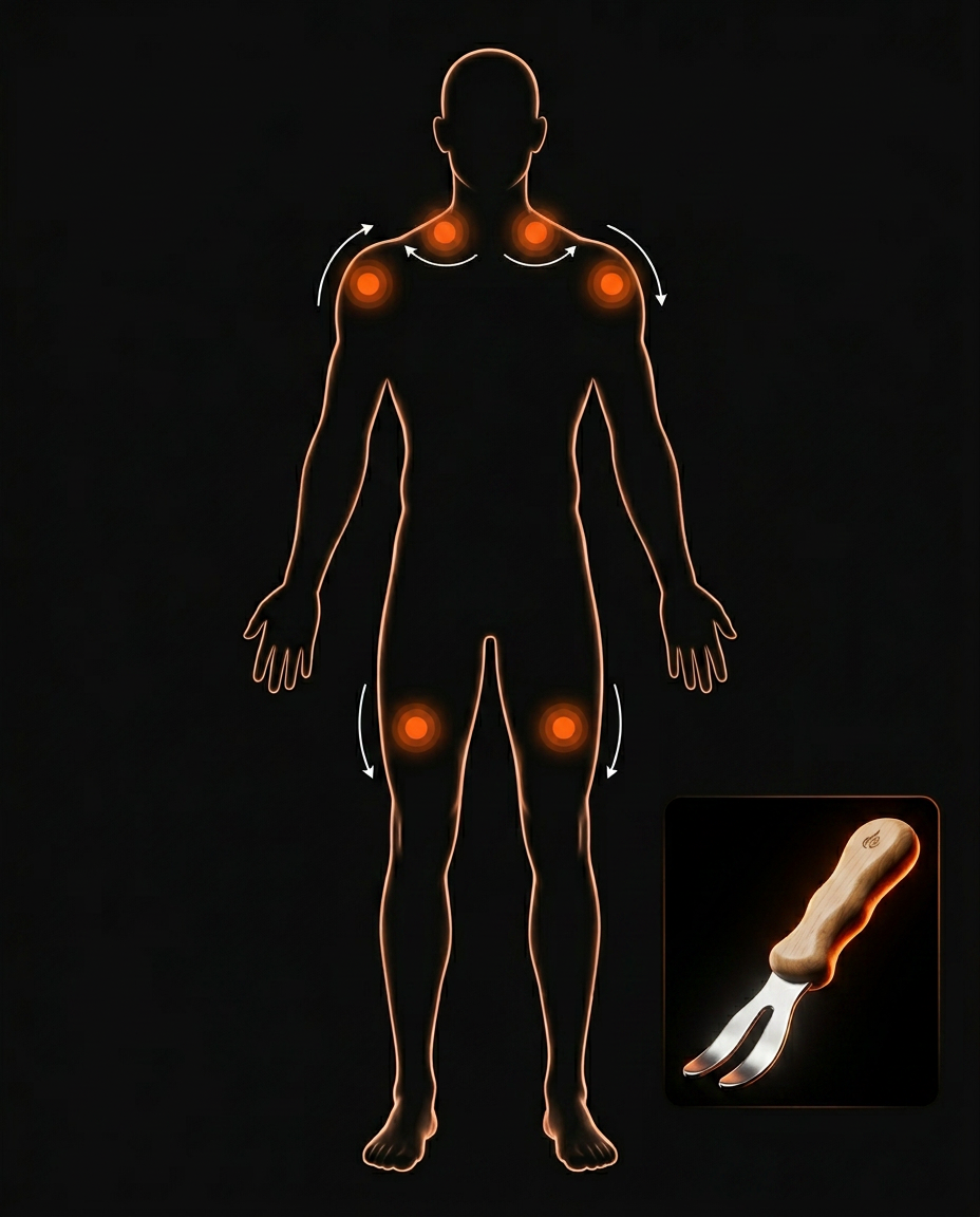 Body map highlighting neck, shoulder and knee zones for the fascia tool