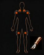 Body map highlighting neck, shoulder and knee zones for the fascia tool